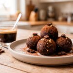 Brigadeiros de café sem açúcar e fit, polvilhados com cacau em pó, servidos em uma forminha elegante ao lado de grãos de café torrados.