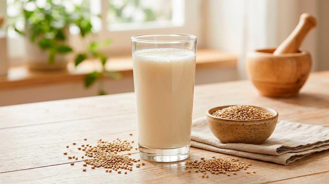 Copo de vidro com leite de alpiste caseiro sem lactose, cercado por sementes de alpiste próprias para consumo humano em um ambiente claro e natural.