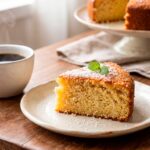 Fatia de bolo de fubá com coco fit e fofinho servida em um prato rústico, acompanhada de uma xícara de café preto.