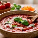 Tigela rústica com molho de tomate caseiro fit encorpado, finalizado com folhas de manjericão fresco e azeite.