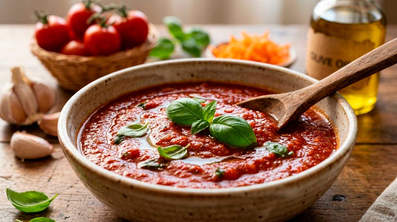 Tigela rústica com molho de tomate caseiro fit encorpado, finalizado com folhas de manjericão fresco e azeite.