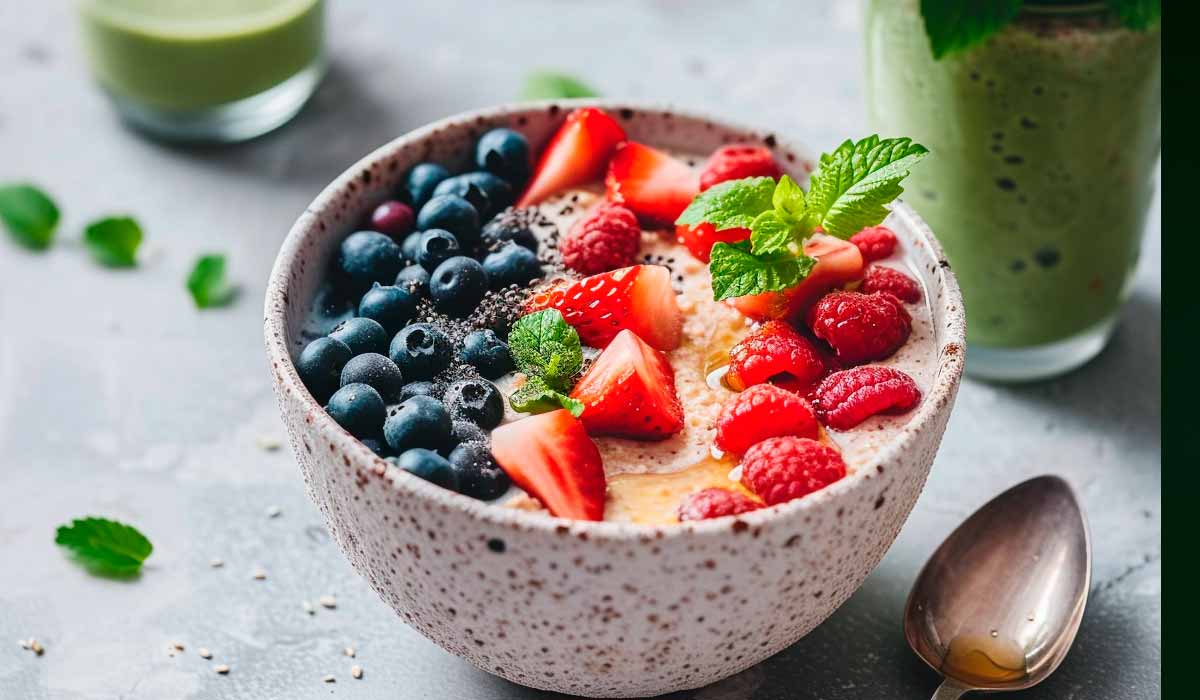 smoothie de pitaia com granola e chia. Vitamina de pitaia para dietas.