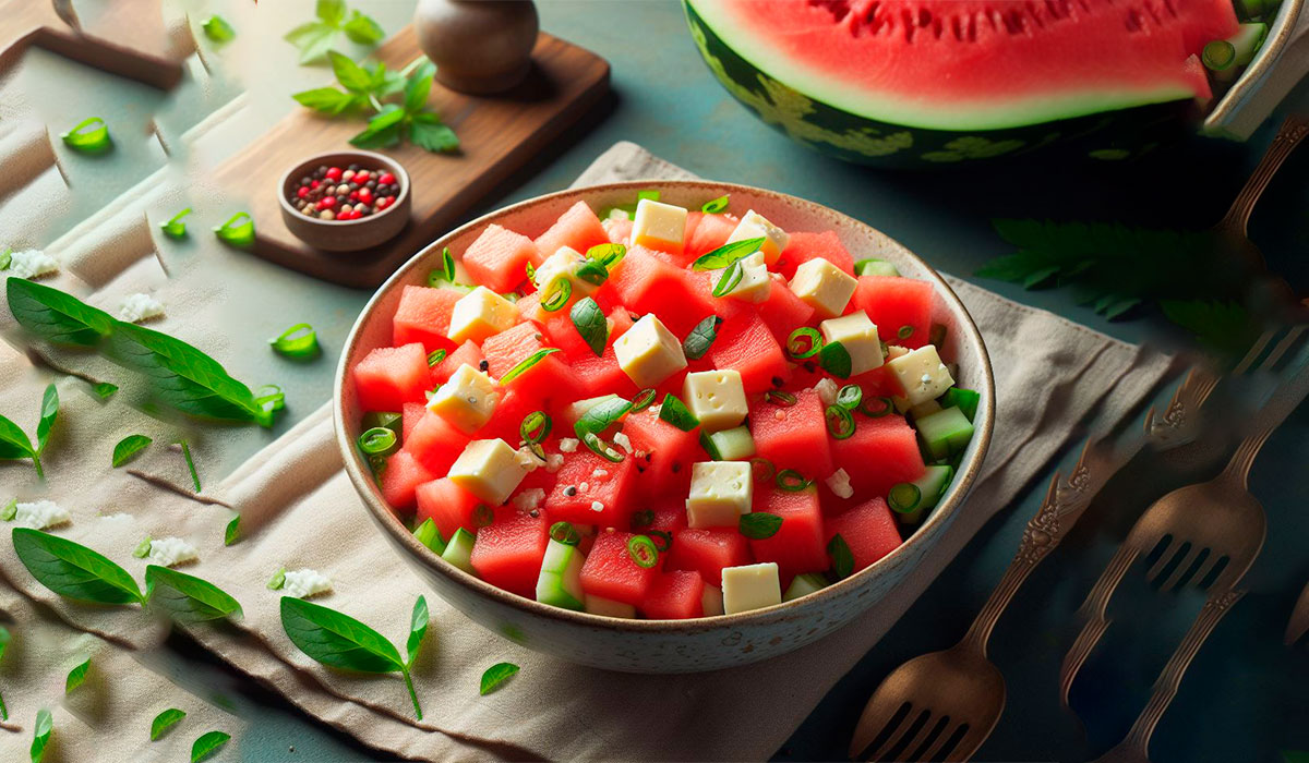 Receita fitness salada de melancia com queijo feta, hortelã e limão.