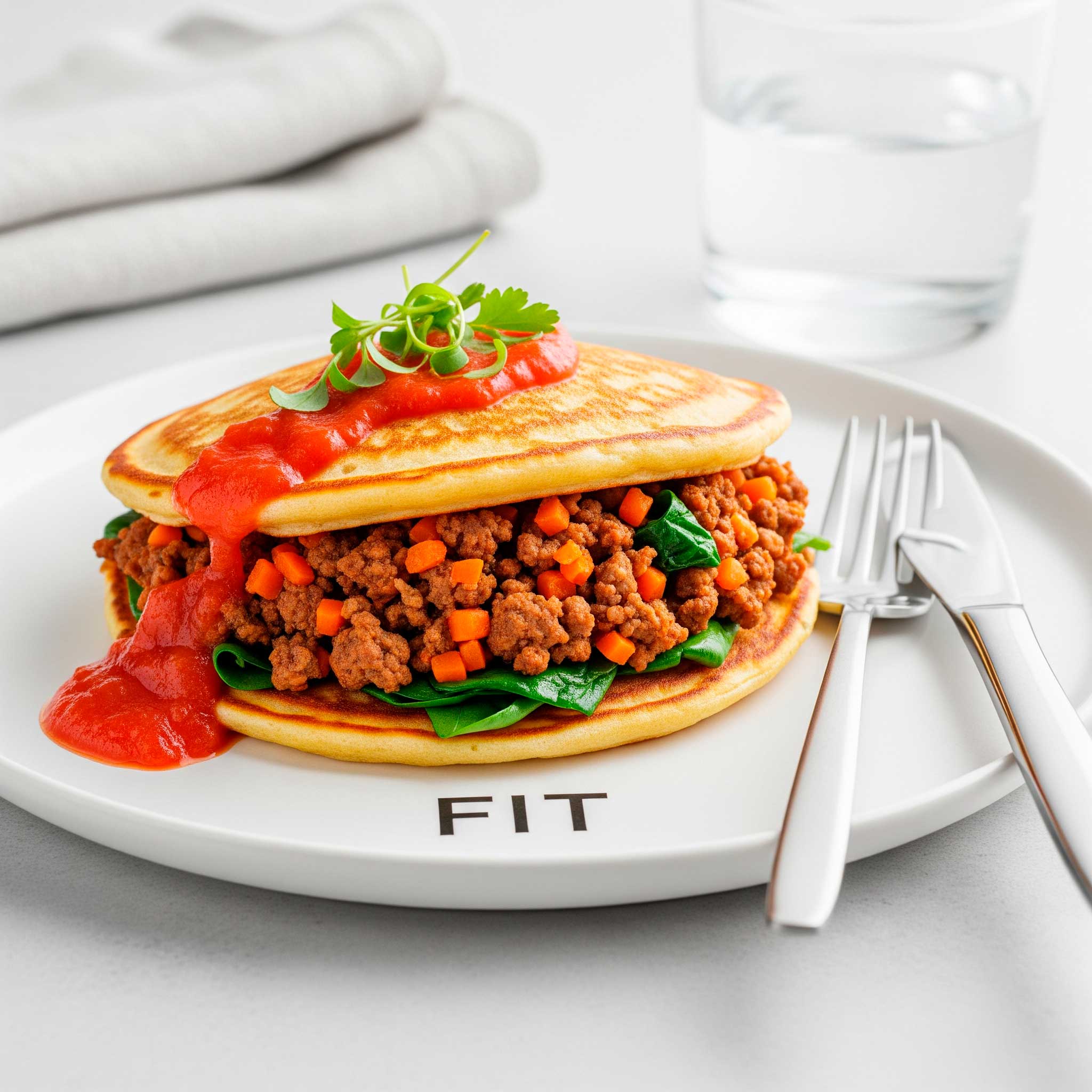 Panqueca FIT proteica de carne moída. Receita fitness de panqueca proteica.