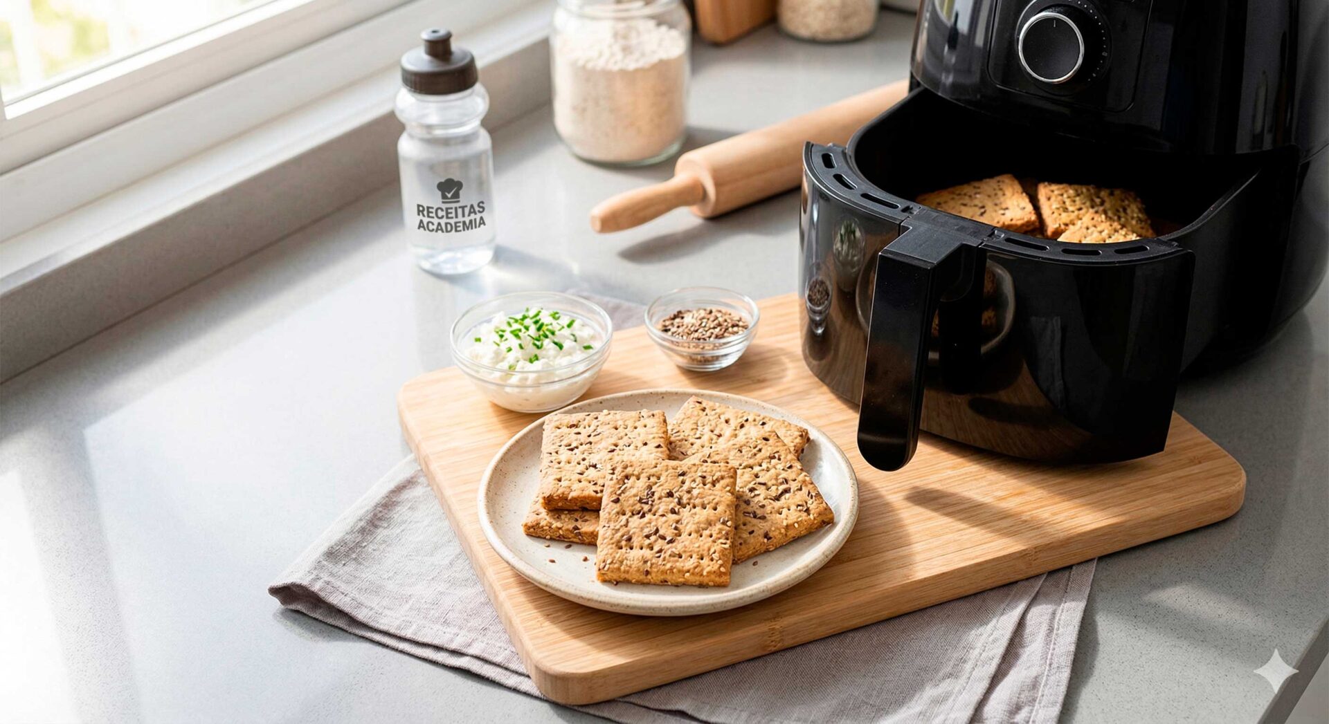 Biscoito Cream Cracker na airfryer fitness. Receita com passo a passo.