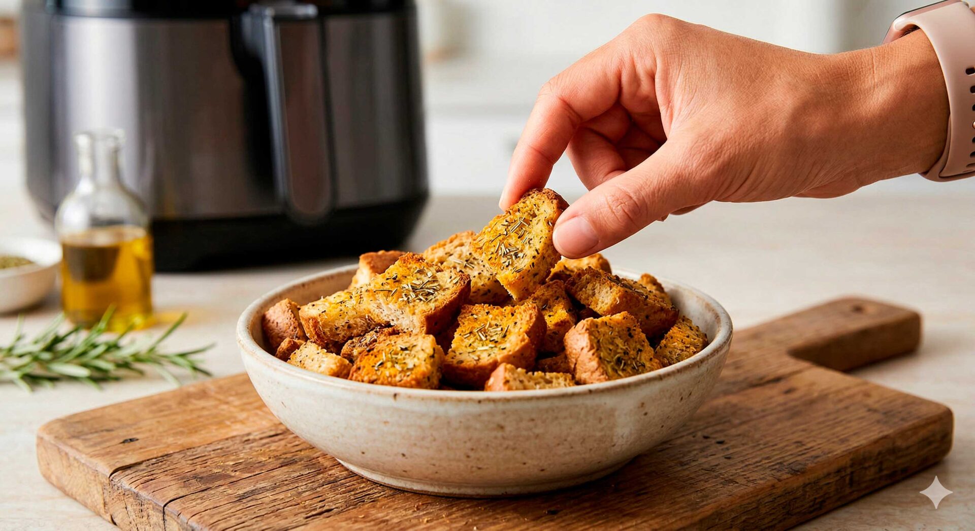 Croutons fitness para petiscos na Airfryer em dietas. Receita de crutons!