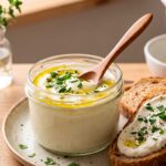 Pote de vidro com cream cheese de kefir de leite temperado com azeite e ervas frescas sobre uma torrada integral.