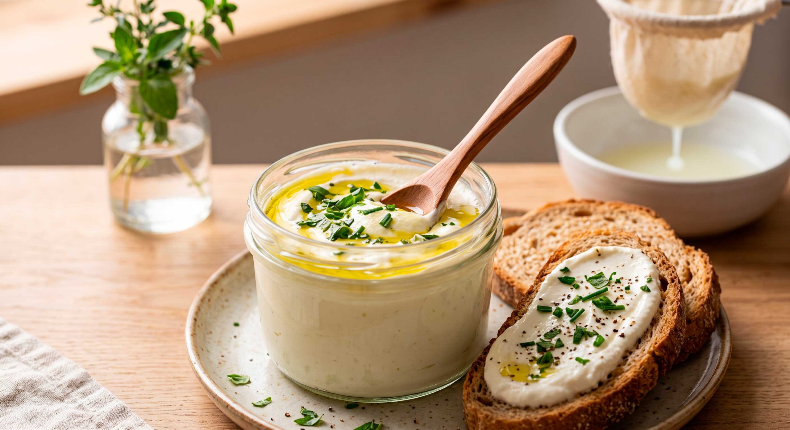 Pote de vidro com cream cheese de kefir de leite temperado com azeite e ervas frescas sobre uma torrada integral.